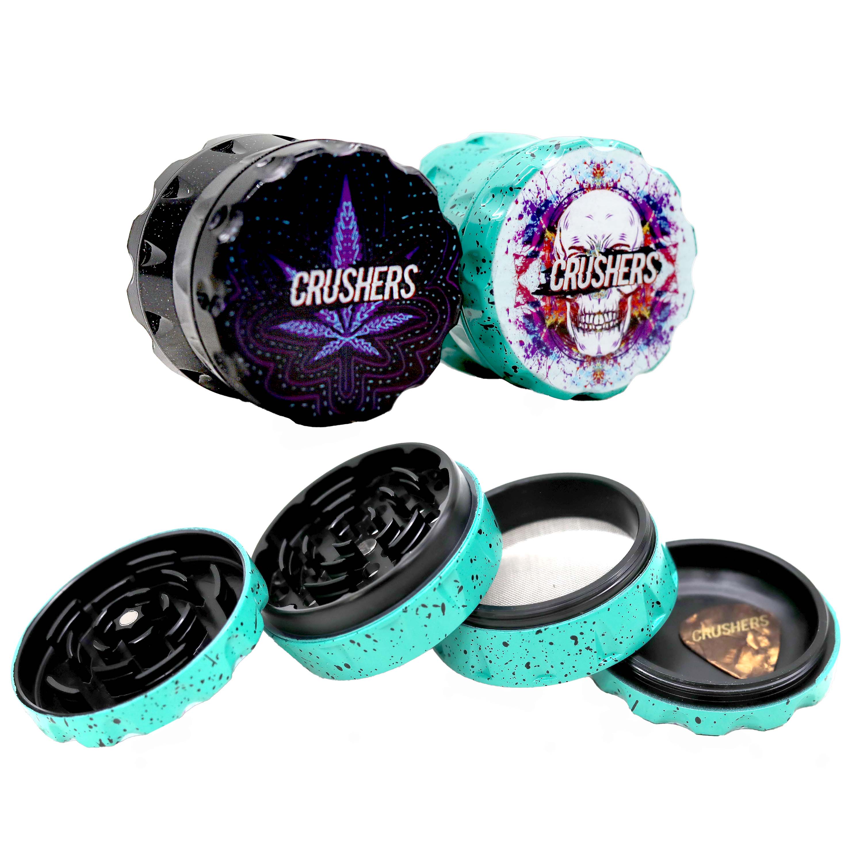 Crushers Leaf And Skull Design Drum Shaped 4 Part Grinder (GR266) | 63mm | Assorted Colors product image